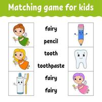 Matching game for kids. Find the correct answer. Draw a line. Learning words. Activity worksheet. Cartoon character. vector