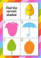 Find the correct shadow. Education developing worksheet for kids. Puzzle game. Activity page. Cartoon character. Autumn theme. vector