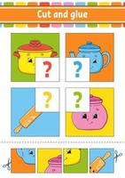 Cut and glue. Set flash cards. Color puzzle. Education developing worksheet. Activity page. Game for children. Funny character. Isolated vector illustration. Cartoon style.