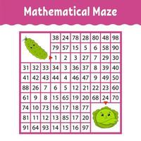 Vegetable cucumber, cabbage. Mathematical square maze. Game for kids. Number labyrinth. Education worksheet. Activity page. Puzzle for children. Cartoon characters. Color vector illustration.