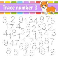 Trace number 3. Handwriting practice. Learning numbers for kids. Education developing worksheet. Activity page. Game for toddlers and preschoolers. Isolated vector illustration in cute cartoon style.