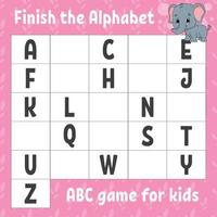 Finish the alphabet. ABC game for kids. Education developing worksheet. Grey elephant. Learning game for kids. Color activity page. vector