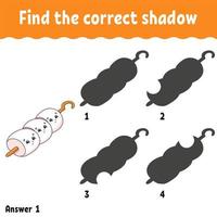 Find the correct shadow. Education developing worksheet. Matching game for kids. Activity page. Puzzle for children. Cartoon character. Isolated vector illustration.