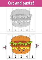 Learning numbers 1-5. Cut and glue. Cartoon character. Education developing worksheet. Game for kids. Activity page. Color isolated vector illustration.