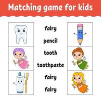 Matching game for kids. Find the correct answer. Draw a line. Learning words. Activity worksheet. Cartoon character. vector