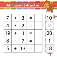 Addition and subtraction. Task for kids. Education developing worksheet. Activity page. Game for children. Funny character. Isolated vector illustration. Cartoon style.