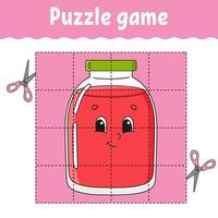 Puzzle game for kids. Education developing worksheet. Learning game for children. Glass jar. Color activity page. For toddler. Riddle for preschool. Isolated vector illustration in cartoon style.