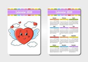 Calendar for 2020 with a cute character. Pocket size. Fun and bright design. Isolated vector illustration. Cartoon style.