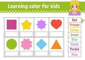 Learning color for kids. Education developing worksheet. Activity page with color pictures. Riddle for children. Isolated vector illustration. Funny character. Pretty girl. Cartoon style.