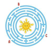 Circle maze. Game for kids. Puzzle for children. Round labyrinth conundrum. Color vector illustration. Find the right path. Education worksheet.