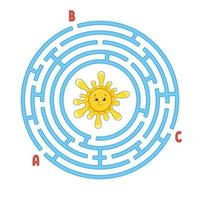 Circle maze. Game for kids. Puzzle for children. Round labyrinth conundrum. Color vector illustration. Find the right path. Education worksheet.