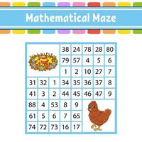 Mathematical maze. Game for kids. Number labyrinth. Education developing worksheet. Activity page. Puzzle for children. Cartoon characters. Easter theme. Color vector illustration