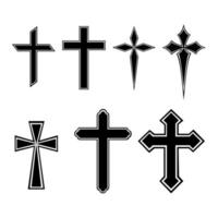 un conjunto de icono de cruz cristiana en blanco y negro. son de diferente forma y diseño. vector