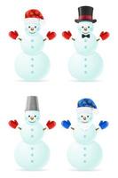 christmas snowman made of big snowballs with headdress vector illustration isolated on white background