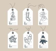 Collection of Christmas and New Year cute ready to use gift tags. Set of Xmas gift tags with hand drawn elements and place for text from and to. Vector sketch scandinavian illustration of Holidays