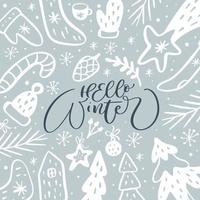 hola invierno vector letras caligráficas texto y navidad doodle elementos escandinavos. tarjeta de felicitación para las vacaciones de invierno feliz navidad y próspero año nuevo