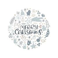 Merry Christmas vector scandinavian calligraphic vintage text in form of round ball with xmas elements. Doodle Greeting card template with vintage style elements Illustration