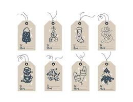 Collection of Christmas and New Year cute ready to use gift tags. Set of Xmas gift tags with hand drawn elements and place for text from and to. Vector sketch scandinavian illustration of Holidays