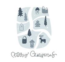 Merry Christmas vector monoline calligraphic lettering text and xmas doodle scandinavian elements. Greeting card for winter holiday Happy New Year