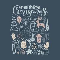 Merry Christmas vector calligraphic lettering text and xmas doodle scandinavian elements on dark background. Greeting card for winter holiday Happy New Year