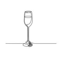 Copa de vino de flauta de champán con etiqueta de vino de concha de almeja realizada en línea mono arte lineal en blanco y negro vector