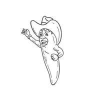 ají jalapeño con sombrero de vaquero y saludando tatuajes vintage dibujo en blanco y negro vector