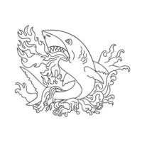 Shark Breathing Fire Jumping Up with Waves Vintage Tattoo Style Black and White vector