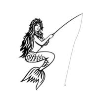 sirena o sirena con caña de pescar y carrete mascota de pesca con mosca retro en blanco y negro vector