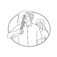 Musician or Guitarist with Guitar on Shoulder and Sad Woman Line Drawing vector