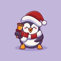 bebé, pingüino, sonar, campana, navidad, concepto, caricatura vector