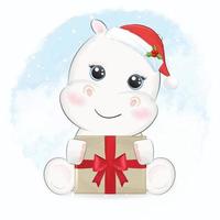 Cute little Hippo and gift box. Christmas season illustration vector