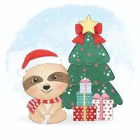 Cute little Sloth and Christmas tree. Christmas season illustration vector