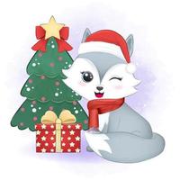 Cute little fox with gift box and christmas tree. Christmas season illustration. vector