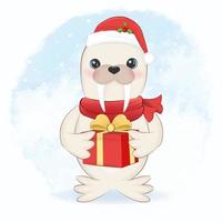 Cute walrus and gift box cartoon arctic animal Christmas illustration vector