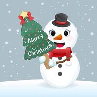 lindo muñeco de nieve con árbol de Navidad. Ilustración de la temporada navideña. vector