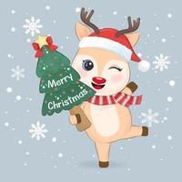 Cute little deer and christmas tree, Christmas season illustration. vector