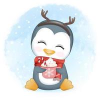 lindo pingüino con una taza de chocolate caliente y bastón de caramelo ilustración de navidad y año nuevo vector