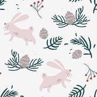 Rabbits, fir branches and cones seamless pattern. Winter forest background. Beautiful Christmas seamless, repeated pattern. Scrapbooking, paper, fabric. Vector hand draw cartoon illustration.