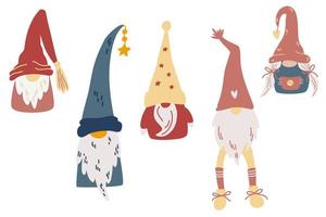 Christmas gnomes collection. Scandinavian Nordic Gnome. Cute Hand draw Christmas Santa Gnome. Winter holiday symbol. Vector cartoon illustration.