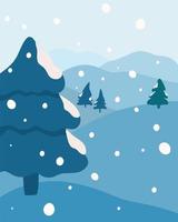 Winter landscape, snowfall in forest. Fir trees, mountains and snow. Background for banners, greeting cards, posters and advertising, Happy New Year and Merry Christmas Vector illustration