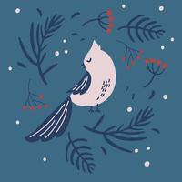 Christmas bird and a wreath of fir branches. Traditional Christmas decor of fir branches, berries with hand draw winter bird. Holiday banner, web poster, flyer, stylish brochure, greeting card. vector