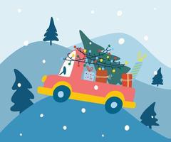 New Year's car with gifts. Winter forest. Merry Christmas and Happy New Year design. Holiday banner, web poster, flyer, stylish brochure, greeting card. Vector hand draw cartoon illustration.