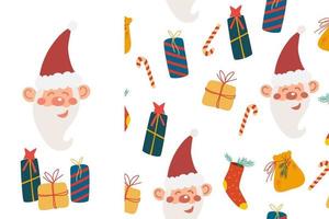 Santa Claus and Gifts, candy cane Seamless Pattern. Merry Christmas and Happy New Year background. Scrapbooking, paper, fabric. Vector illustration.