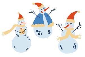 Cute Christmas snowmen collection. Funny snowmen in different poses hats and scarves. New Year's pattern for design on a Christmas theme. Vector winter illustration.