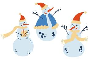 Cute Christmas snowmen collection. Funny snowmen in different poses hats and scarves. New Year's pattern for design on a Christmas theme. Vector winter illustration.