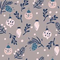 Christmas toys and twigs seamless pattern. Happy New Year background with fir cone, holly leaves and berries. Cute Vector hand draw illustration for fabric, wrapping paper, postcard design.