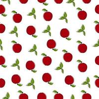 Seamless pattern with red apple and green leaves on white background. Flat vector illustration