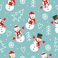 Seamless pattern with happy snowman, tree, snowflake. Symbol of the Christmas holidays, flat vector illustration.