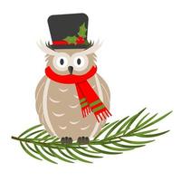 Christmas owl in a hat and scarf sitting on fir branch. Isolated on white background, flat vector illustration