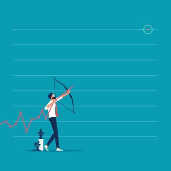 empresario apuntando el gráfico de la flecha de crecimiento al objetivo, los objetivos de logro con la estrategia y el enfoque en los datos y el análisis del gráfico, alcanzar el concepto de objetivos comerciales vector